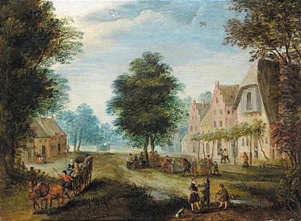 Village Scene With Figures Conversing In The Foreground, And Figures Dancing Beyond - view 1