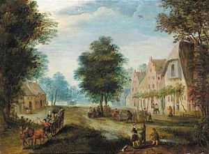 Village Scene With Figures Conversing In The Foreground, And Figures Dancing Beyond by Jan Brughel