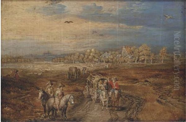 A Broad Landscape With Travellers And Wagons On A Path - view 1
