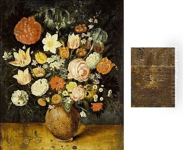 A Still Life With Roses, Tulips, Irises, A Daffodil, A Poppy Anemone, Marigolds, Red Turban Cup Lilies, Borage, Violets, Forget-me-nots And Other Flowers, All In A Stone Vase On A Wooden Ledge - view 1