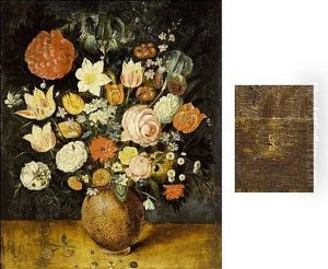 A Still Life With Roses, Tulips, Irises, A Daffodil, A Poppy Anemone, Marigolds, Red Turban Cup Lilies, Borage, Violets, Forget-me-nots And Other Flowers, All In A Stone Vase On A Wooden Ledge by Jan Brughel