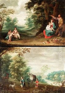 Landscape With The Rest On Flight Into Egypt (+ Landscape With Saint Hubert; Pair) by Jan Brughel