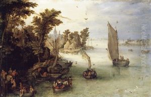 A River Scene With Boats Unloading At A Quay, And A Village Beyond