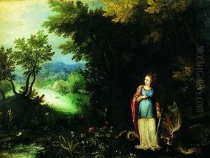 Sainte Marguerite D'antioche Et Le Dragon Dans Un Vaste Paysage De Riviere