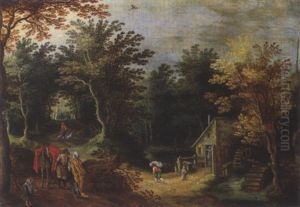 Bewaldete Landschaft Mit Wassermuhle Und Wanderern