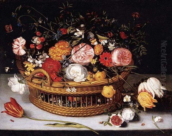 A Basket Of Tulips, Carnations, Roses And Other Flowers Resting On A Stone Ledge - view 1