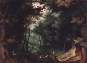 A Wooded Landscape With Hunters And Their Dogs by Jan Brughel