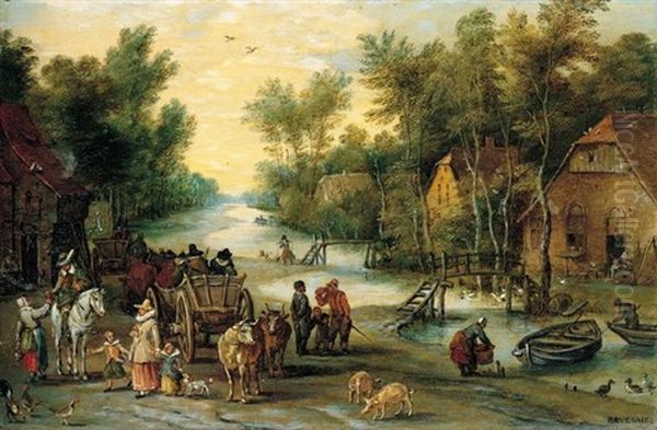 A Wooded River Landscape With Elegant Figures Buying Provender - view 1