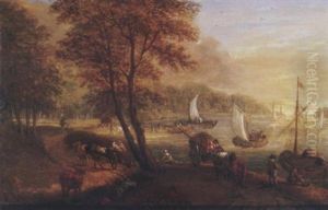 A River Landscape With Travellers On A Path, Shipping Beyond A River Landscape With Travellers On A Path, Shipping Beyond