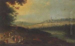 A River Landscape With Waggoners Beside A Road, A Church Beyond