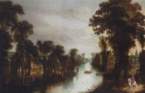 A Village By A River With A Gentleman On Horseback On A Track