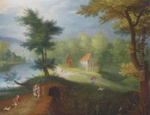 A Wooded River Landscape With Figures Before A Bridge And Houses Beyond by Jan Brughel