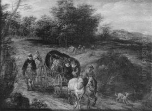 Landschaft Mit Einem Pferdefuhrwerk Und Reitern