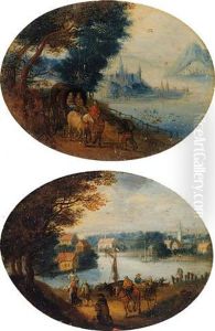 River Landscape With Travellers, A View Of A Town Beyond by Jan Brughel