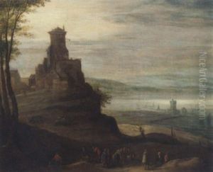 A River Valley With Travellers On A Path By A Hilltop Castle by Jan Brughel