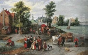 A Village Landscape With Wagons On A Track By A River, An Elegant Family In The Foreground, A Peasant Watering His Horse