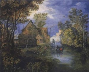 Une Riviere Traversant Un Village Avec Des Paysans Sur Une Barque by Jan Brughel