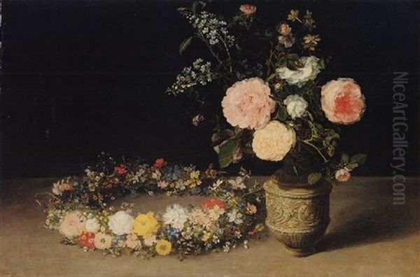A Still Life Of Roses And Sprays Of Lilac In An Ornamental Stoneware Vase, With A Wreath Of Roses And Other Flowers - view 1