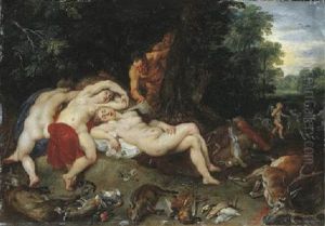 A Wooded Landscape With A Satyr Spying On Sleeping Nymphs by Jan Brughel