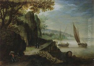 A River Landscape With Travellers On A Path And Two Monks With A Dog In The Background, Sailing Vessels Near Coast thumbnail