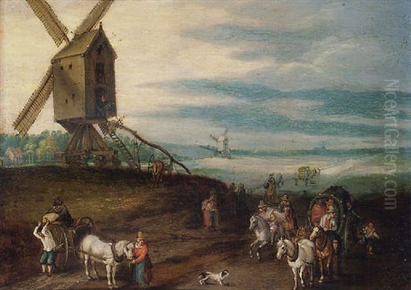 A Broad Landscape With Travellers And Wagons On A Path By A Windmill - view 1