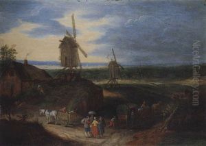 An Open Landscape With Travellers Conversing Before A Windmill by Jan Brughel