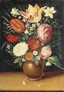 An Iris, Tulips, A Peony, And Other Flowers In A Vase With A Snail On A Ledge