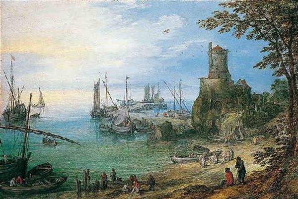 A Harbour Scene Overlooked By A Watchtower With Fishermen Unloading Their Catch - view 1