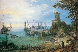 A Harbour Scene Overlooked By A Watchtower With Fishermen Unloading Their Catch