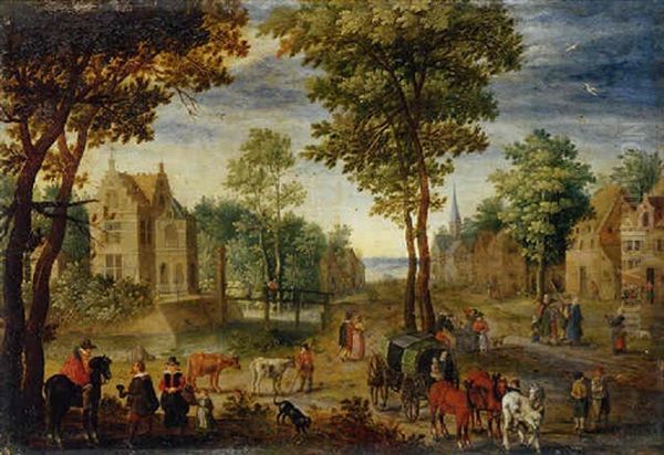 A Horseman Conversing With Elegant Company, A Drover And Three Cattle, And A Covered Wagon And Horses - view 1