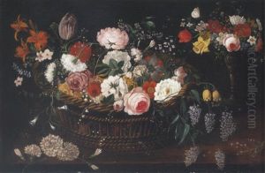Still Life Of Mixed Flowers In A Basket With A Bouquet Of Flowers In A Gilt Tazza Upon A Table Top by Jan Brughel
