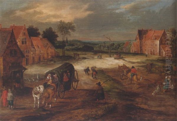 Landscape With A Covered Wagon And Other Figures In A Village Street - view 1
