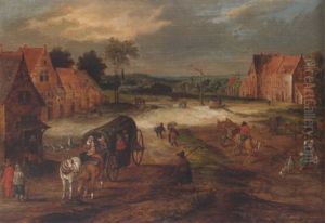 Landscape With A Covered Wagon And Other Figures In A Village Street by Jan Brughel