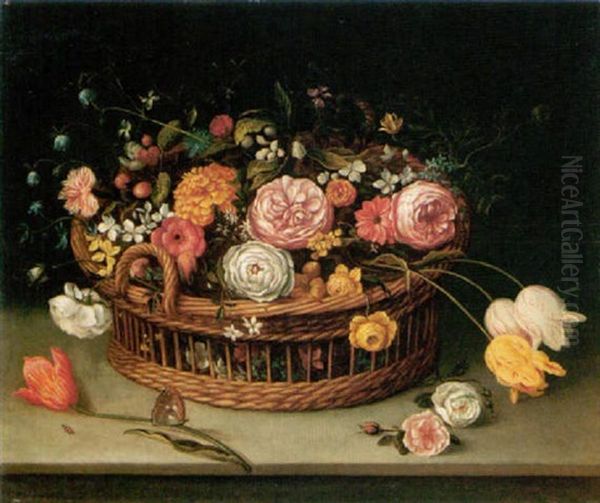 Still Life Of Roses, Tulips, Bluebells And Carnations In A Wicker Basket With A Butterfly, All Resting Upon A Stone Ledge - view 1