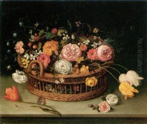 Still Life Of Roses, Tulips, Bluebells And Carnations In A Wicker Basket With A Butterfly, All Resting Upon A Stone Ledge by Jan Brughel