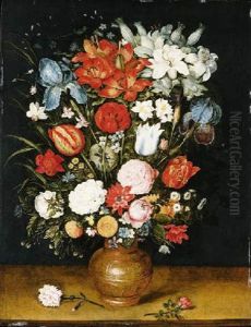 Lilies, Irises, Tulips, Carnations, Roses And Other Flowers In A Vase, With A Dragonfly, A Grasshopper And A Bee, On A Ledge by Jan Brughel