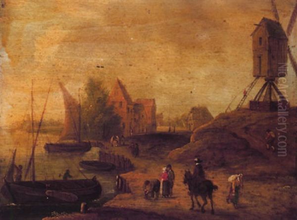 A Flemish Harbour Scene With Fisherfolk And A Windmill - view 1