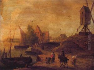 A Flemish Harbour Scene With Fisherfolk And A Windmill