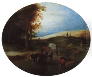 An Open Landscape With Travellers And Horse-drawn Carts On A Track by Jan Brughel