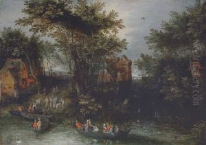 A Wooded Landscape With Peasants Crossing A River, A Village Beyond by Jan Brughel