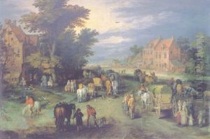 A Village Street With Carts, Villagers And Gentlefolk by Jan Brughel