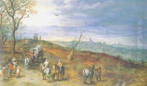 An Extensive Landscape With Villagers, Horsemen And Wagons On A Path by Jan Brughel