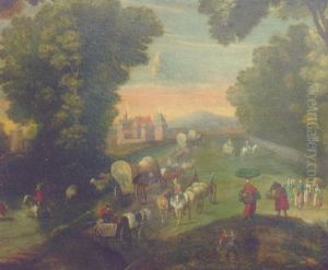 Peasants And Travellers On A Road By A Fortified Mansion