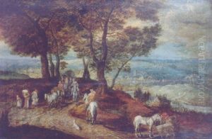 Travellers With Horses And Wagons On A Country Road In A Mountainous Landscape by Jan Brughel