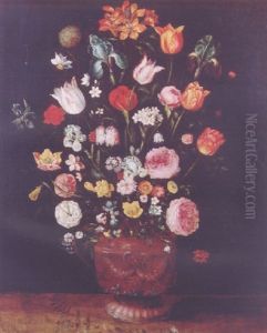 Roses, Tulips, Lilies And Other Flowers In A Sculpted Vase On A Wooden Ledge by Jan Brughel