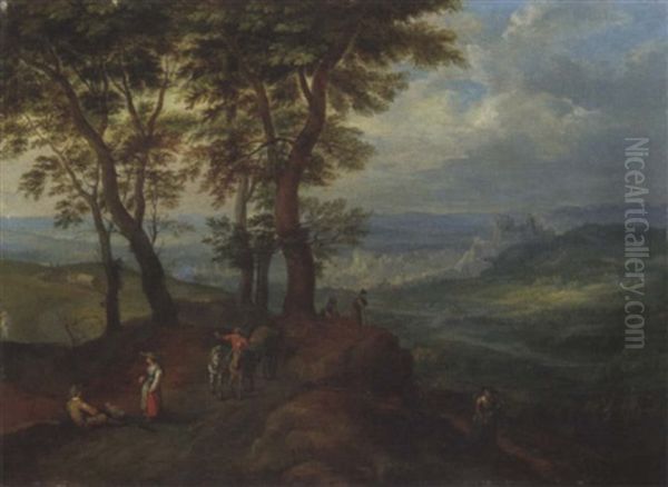 An Extensive Wooded Landscape With Peasants On A Path, A Town Beyond - view 1