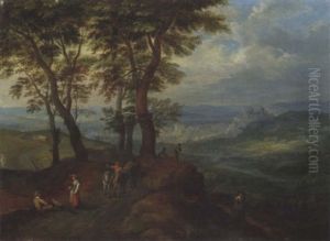 An Extensive Wooded Landscape With Peasants On A Path, A Town Beyond by Jan Brughel