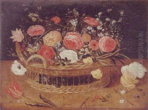 Still Life Of Roses, Variegated Tulips And Other Flowers In A Basket by Jan Brughel