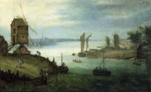 A River Landscape With Ferry At A Landing Stage By A Windmill by Jan Brughel