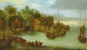 A River Landscape With Fishermen In Boats And A Ferry By A Village Jetty, A Church Beyond